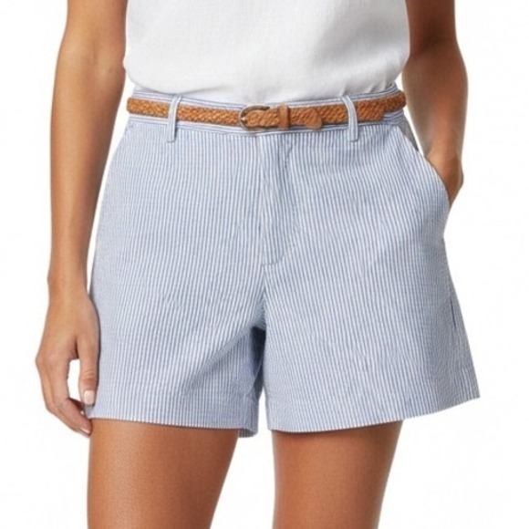 LOFT Pants - LOFT NWT Seersucker Blue‎ White Striped Riviera Shorts 14 100% Cotton Summer